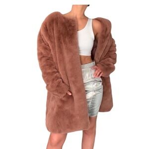 BB DAKOTA Women's Faux Fur Coat Brown Long Sleeve Open Front Size XS